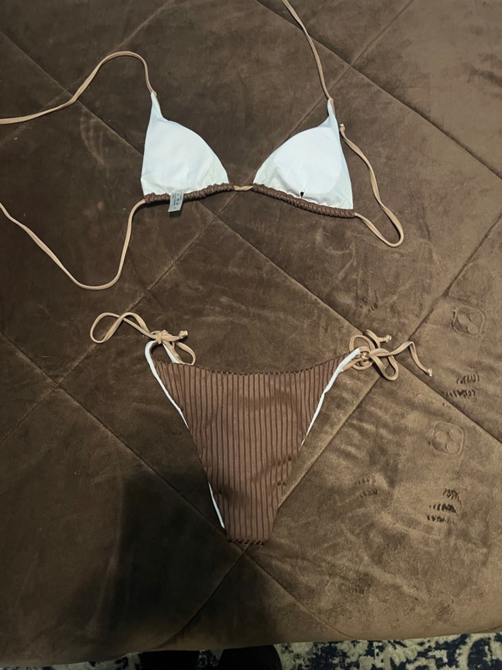 SHEIN Brown & Beige Ribbed Triangle String Bikini - Picture 4 of 4